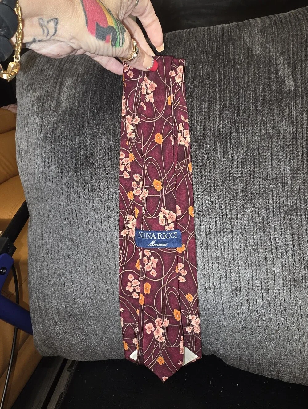 Nina Ricci Burgundy 100% Silk Tie with Pink and Orange Floral Print